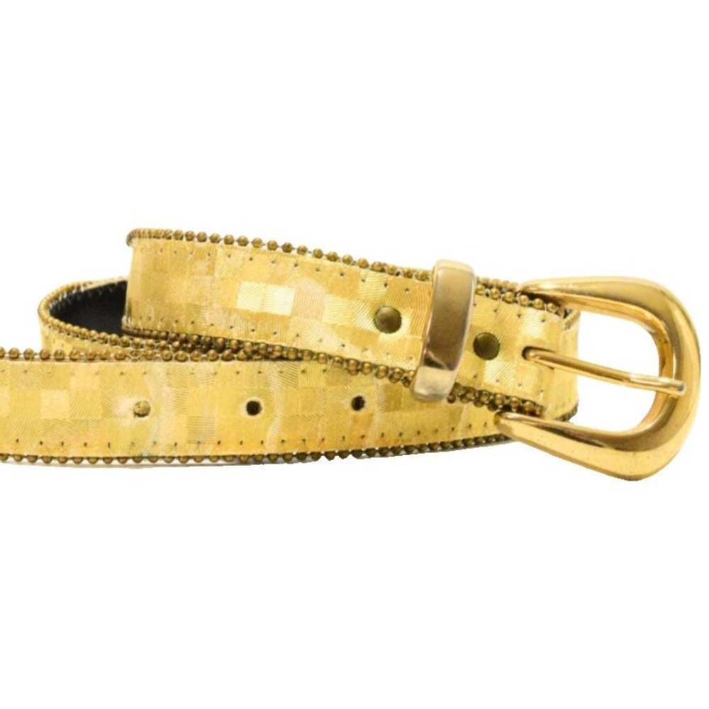 80s Vintage Checkerboard Gold Leather Belt Womens M Metallic Beaded Trim Mod